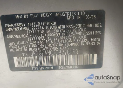 2016 Subaru Crosstrek 2.0I Limited из США, поврежденный, VIN JF2GPANC2G8278169